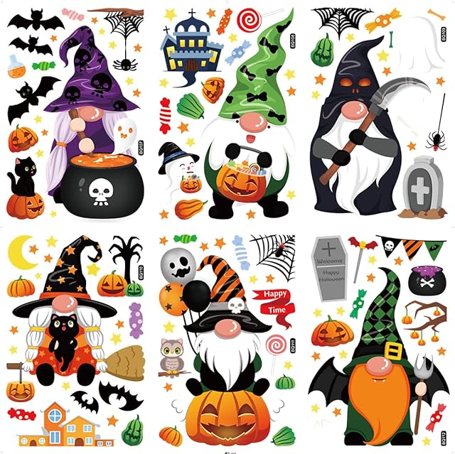 6 Sheets Halloween Window Clings Halloween Gnome Window Stickers Decals Double-Sided 118PCS Elf Pumpkin Bat Window Clings for Glass Halloween Decoration Party Supplies