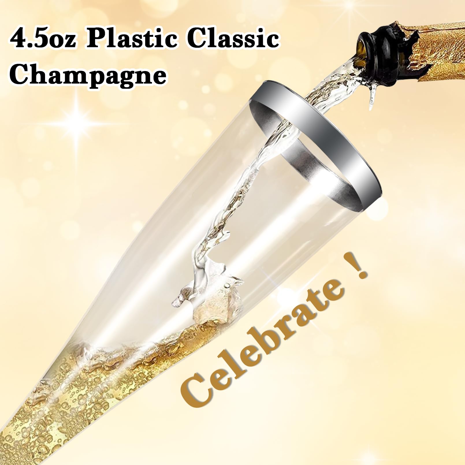 Paquete de 100 copas de champán de plástico, copas de champán de plástico con borde plateado de 4.5 onzas, flautas de champán desechables transparentes, copas de brindis desechables para