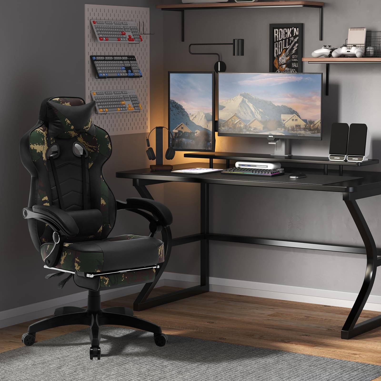 WOLTU Chaise Gaming, Chaise Bureau Ergonomique en PU Cuir, Fauteuil Gaming avec Repose-Pieds, Pivotante Grand Dos & Grand Siège pour Personne Lourde, Livestream Siege Gamer, Camouflage