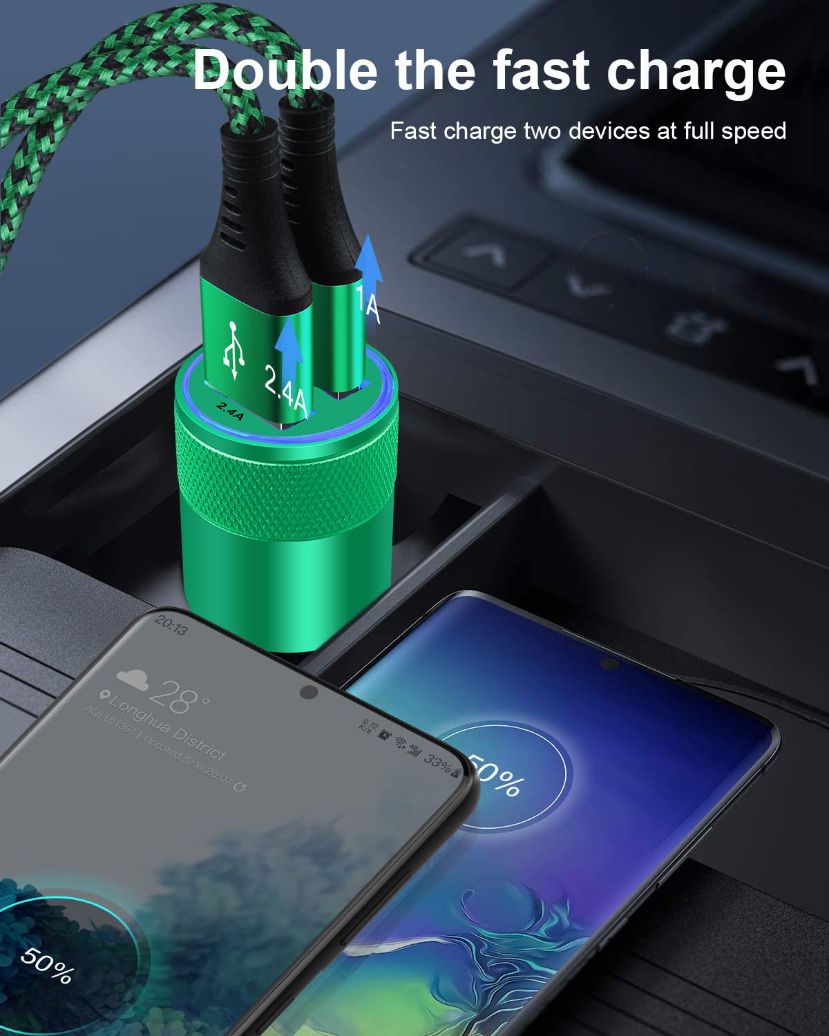 Caricabatteria da auto a doppia porta, 3,4 A, ricarica rapida, adattatore per accendisigari per iPhone, Samsung Galaxy, Google Pixel, LG, Motorola, GPS, luce LED