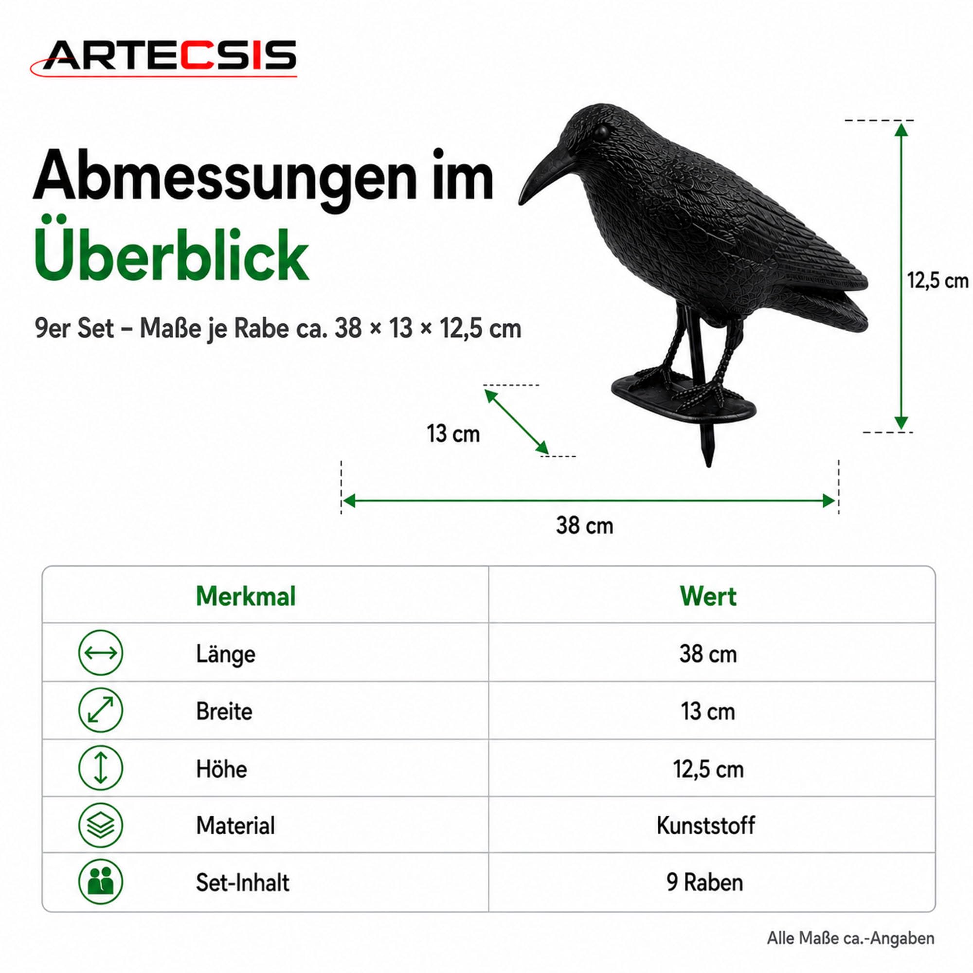 ARTECSIS® Set da 9 corvo finto in plastica anti piccioni e uccelli (38x13x12 cm) - sagoma di corvo resistente alle intemperie per balcone e giardino - spaventapasseri realistico per allontanare
