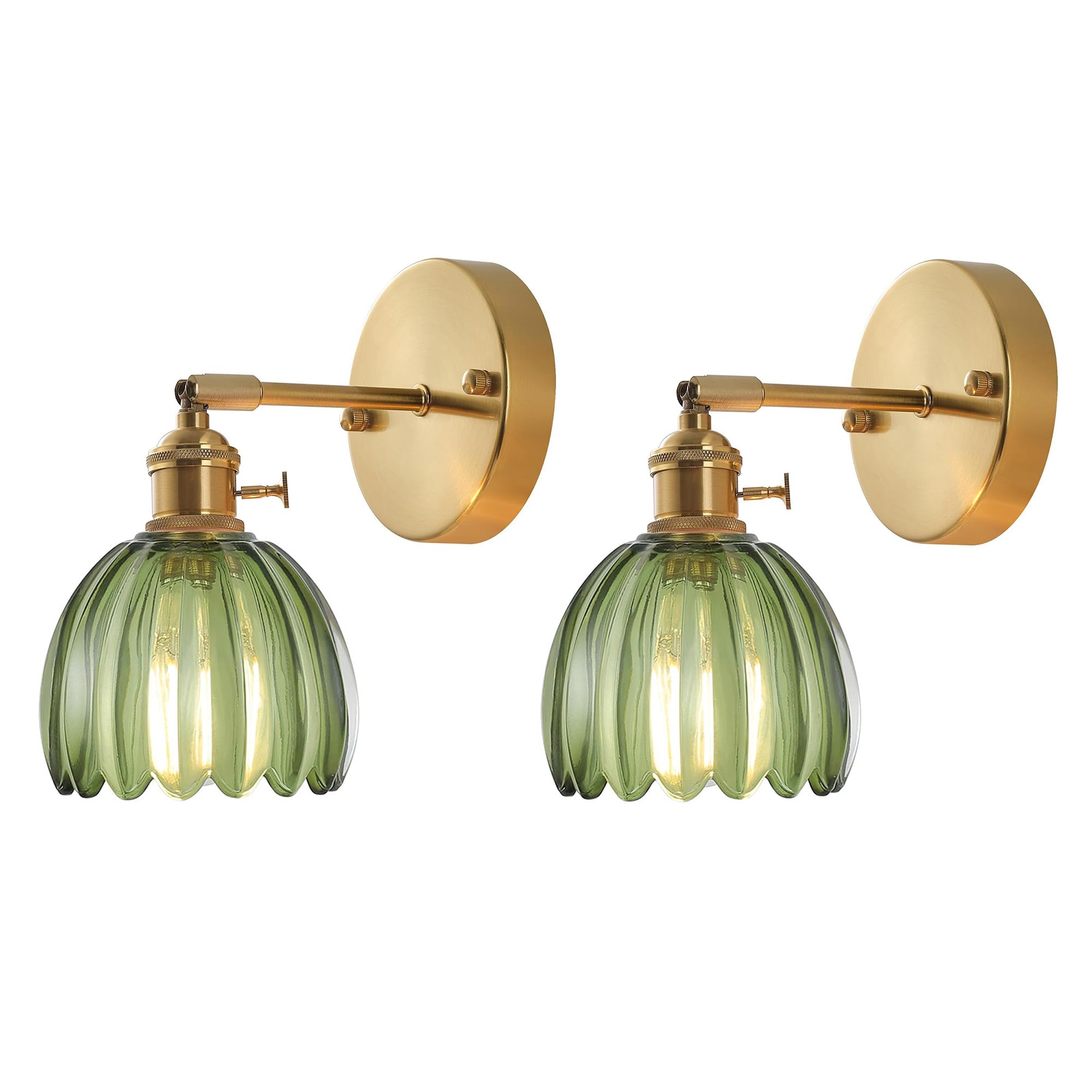 EKSED Applique da Parete Vintage in Vetro con Attacco E27 e Interruttore Rotante, Lampada da Parete Decorativa con Paralume a Petalo per Camera da Letto, Corridoio o Soggiorno (verde, 2 pezzi)