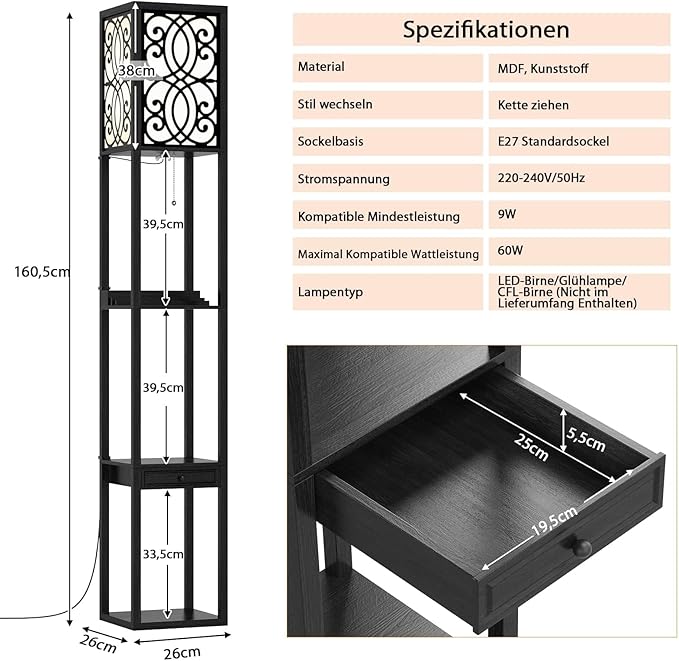 COSTWAY COSTWAY Vloerlamp woonkamer 160cm, E27, met 2 USB-aansluitingen, 3 level vloerlamp met lade, vloerlamp hout, houten plank binnenverlichting voor woonkamer & slaapkamer (Lamp niet inbegrepen) photo 3