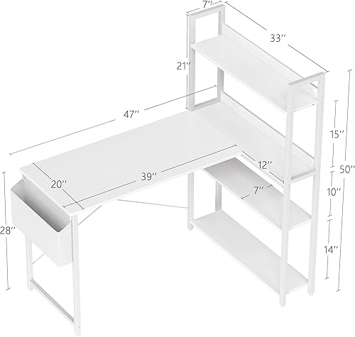 Miniatura 9 de Treesland Escritorio para computadora de 47 pulgadas con estantería, escritorio de esquina con almacenamiento, escritorio en forma de L, escritorios