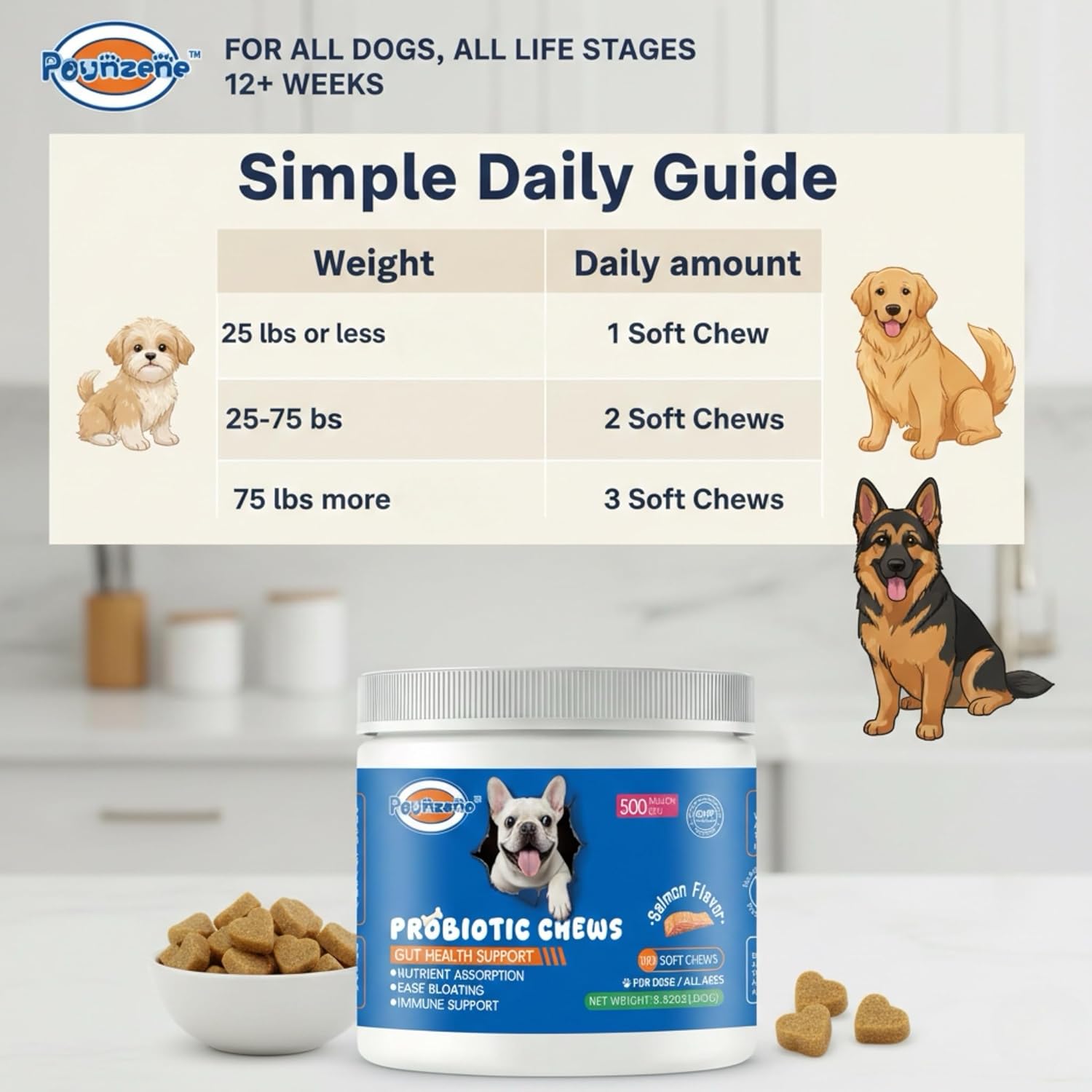 Dog Probiotics for Digestive Health - Supports Gut Health, Eases Bloating, and Boosts Immune Support for Dogs, Salmon Flavor, 100 Soft Chews