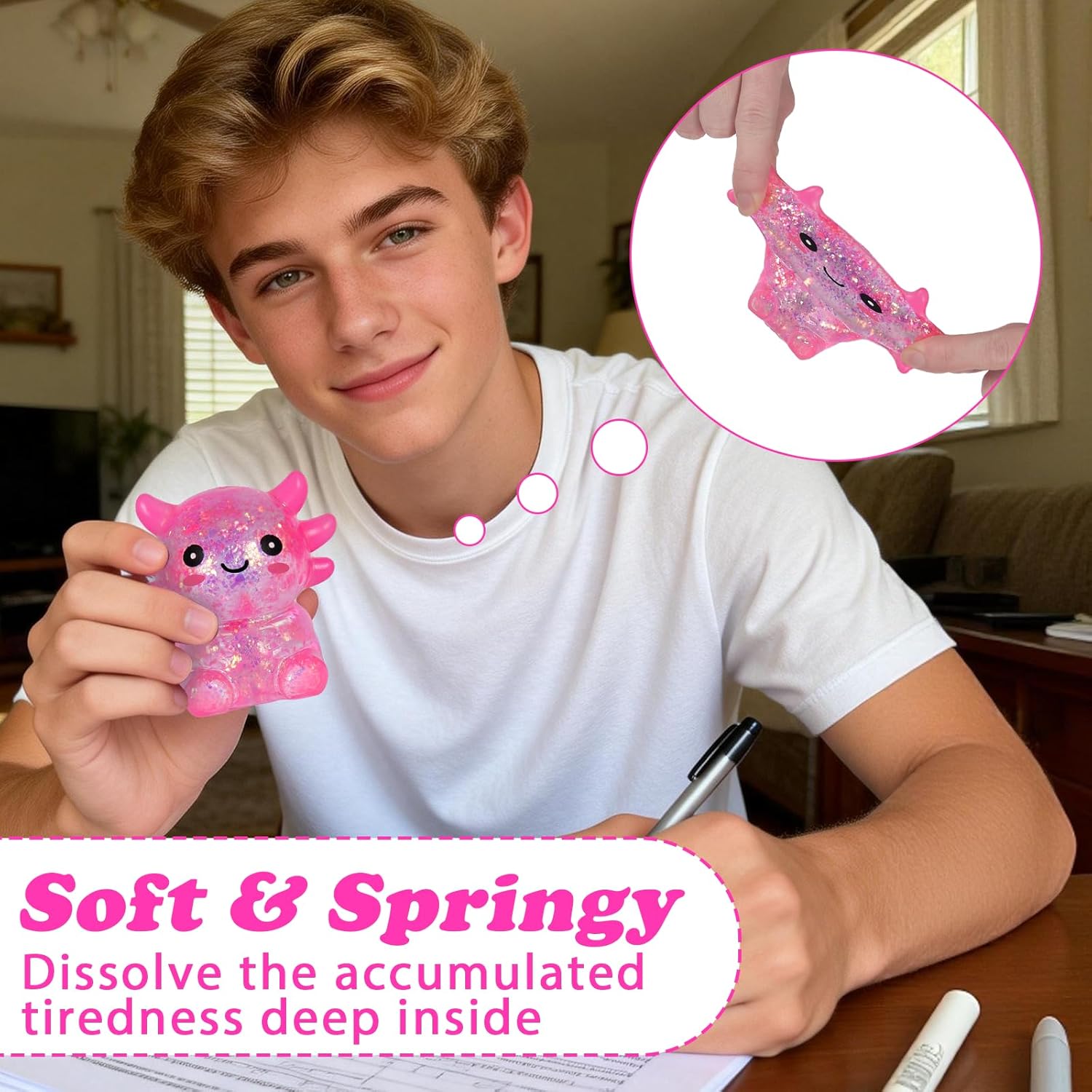 Axolotl Squishy Stress Ball, Soft TPR Slow Rising Squeeze Toy, Cute Axolotl Fidget Toy for Stress Relief, Anxiety Calming Sensory Toy for Kids Adults(Pink Seated Axolotl)
