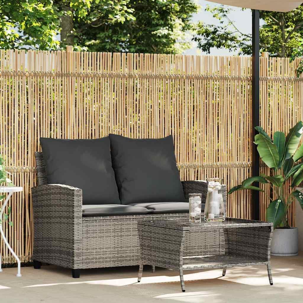 Garden Sofa Grey PE Rattan 2-Seater, Water-Resistant Outdoor Lounge Set with Tempered Glass Table, Patio Furniture for Balcony, Terrace Patio Chair