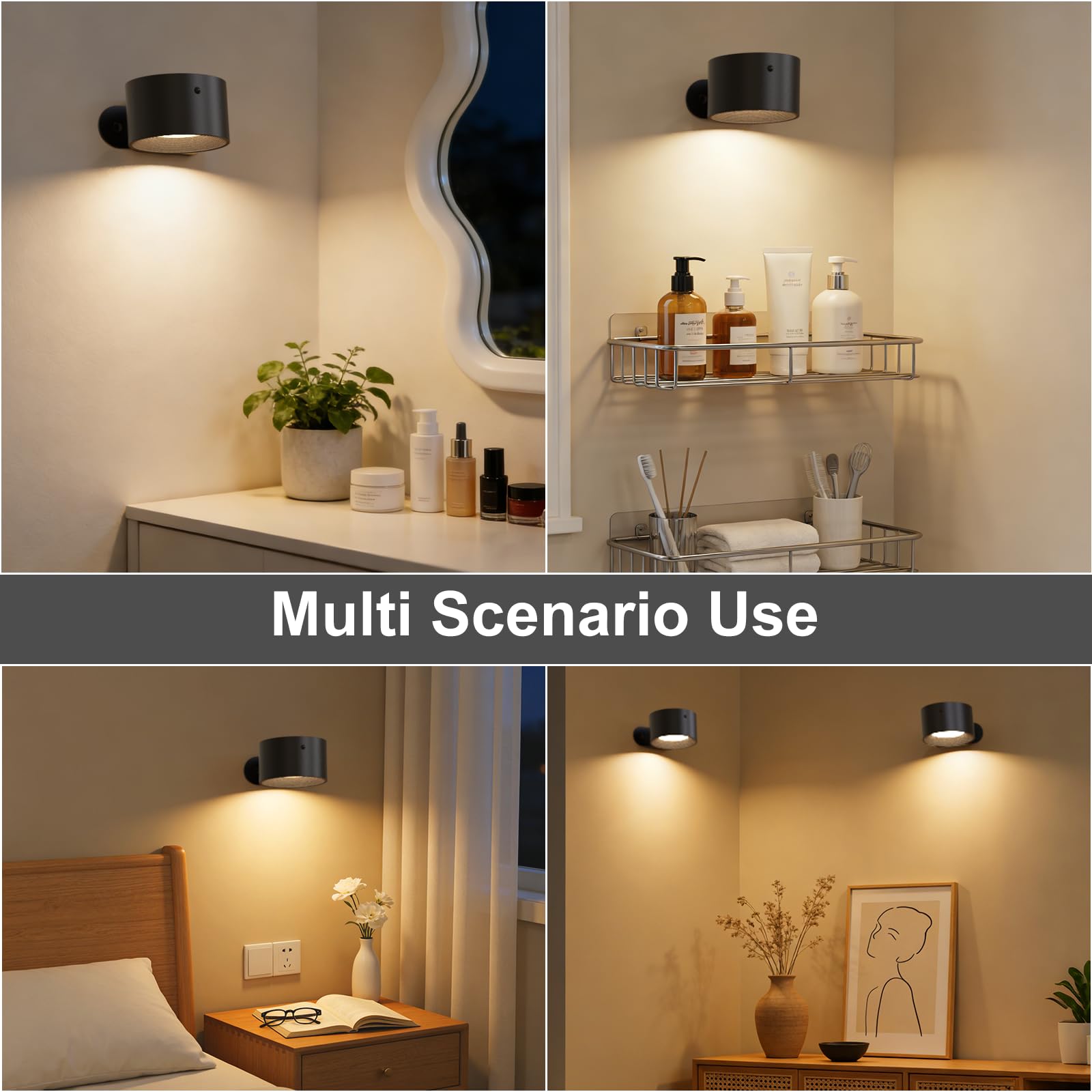 Wandleuchte Innen, Wandlampe mit Fernbedienung Dimmbar mit Akku mit USB-Ladeanschluss, Led Wandleuchte Touch Control 3 Helligkeitsstufen 3 Farbmodi 360° drehbare für Wohnzimmer Schwarz 2 Stück