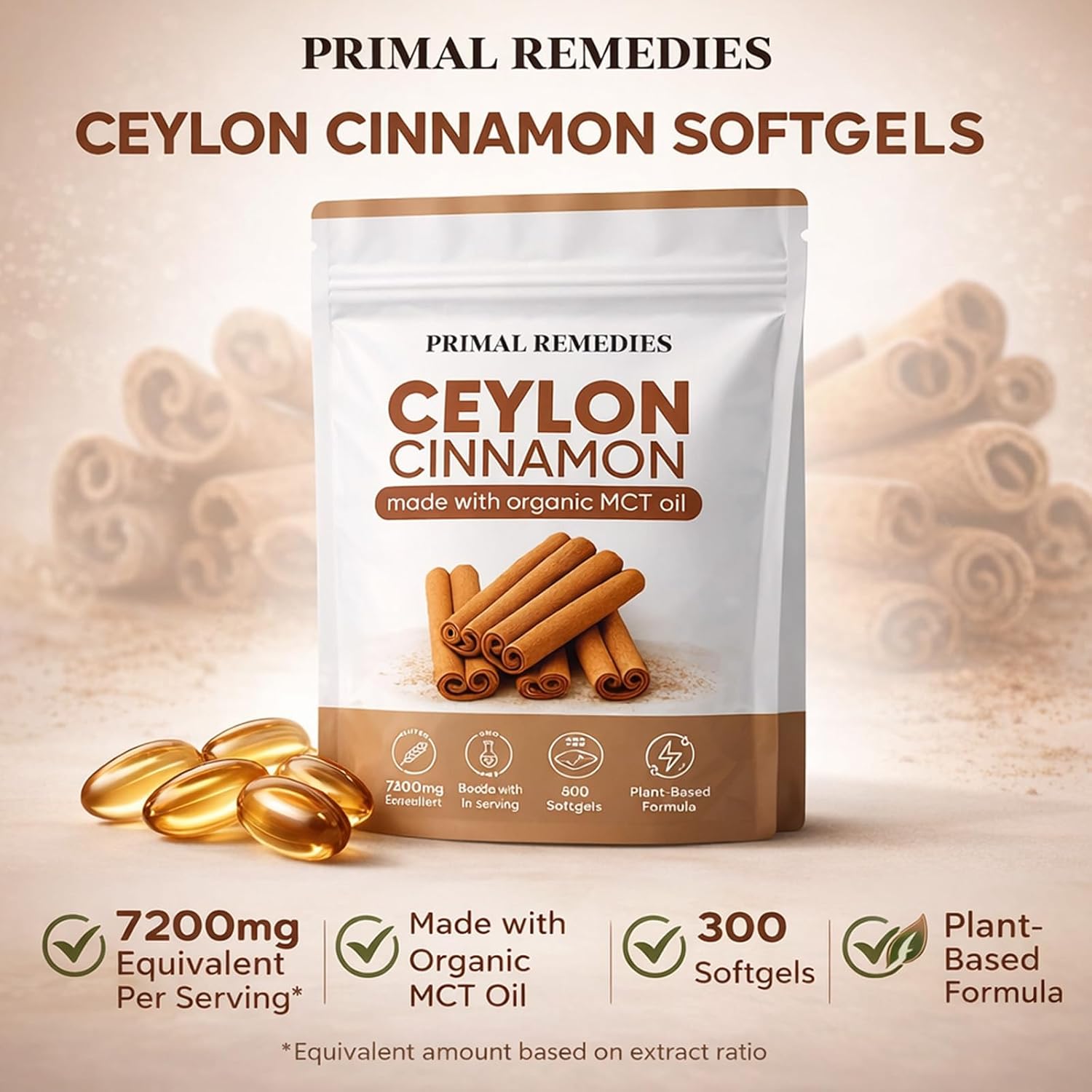 Primal Remedies Ceylon Cinnamon Capsules – 300 Softgels, Cinnamomum Verum Bark Extract, Plant Based Supplement, Clean Label Formula for Daily Wellness Routine (1)