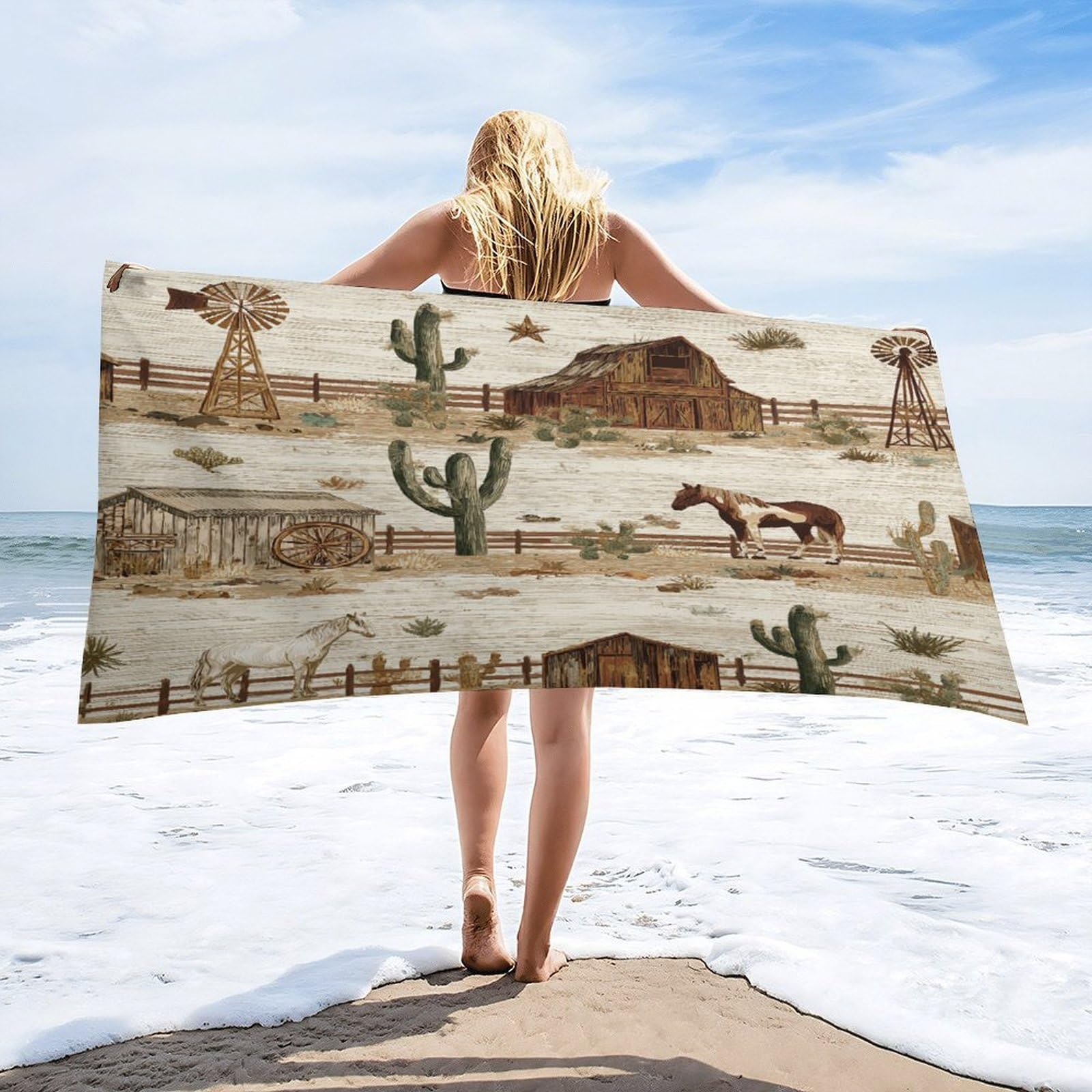 Luyysky Vintage Western Animal Horse Absorbent Beach Towel, Retro Classic Desert Log Cabin Windmill Cowboy Theme Plant Cactus Outdoor Single-Sided Velvet Beach Towel-80 W Cm X 160" L Cm