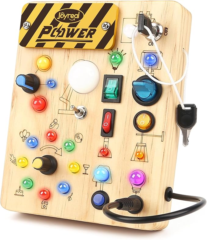 Joyreal Montessori Busy Board Wooden Sensory Toys for Toddler with LED Light Up Switch, Baby Fidget Board Travel Toys for 18+ Months