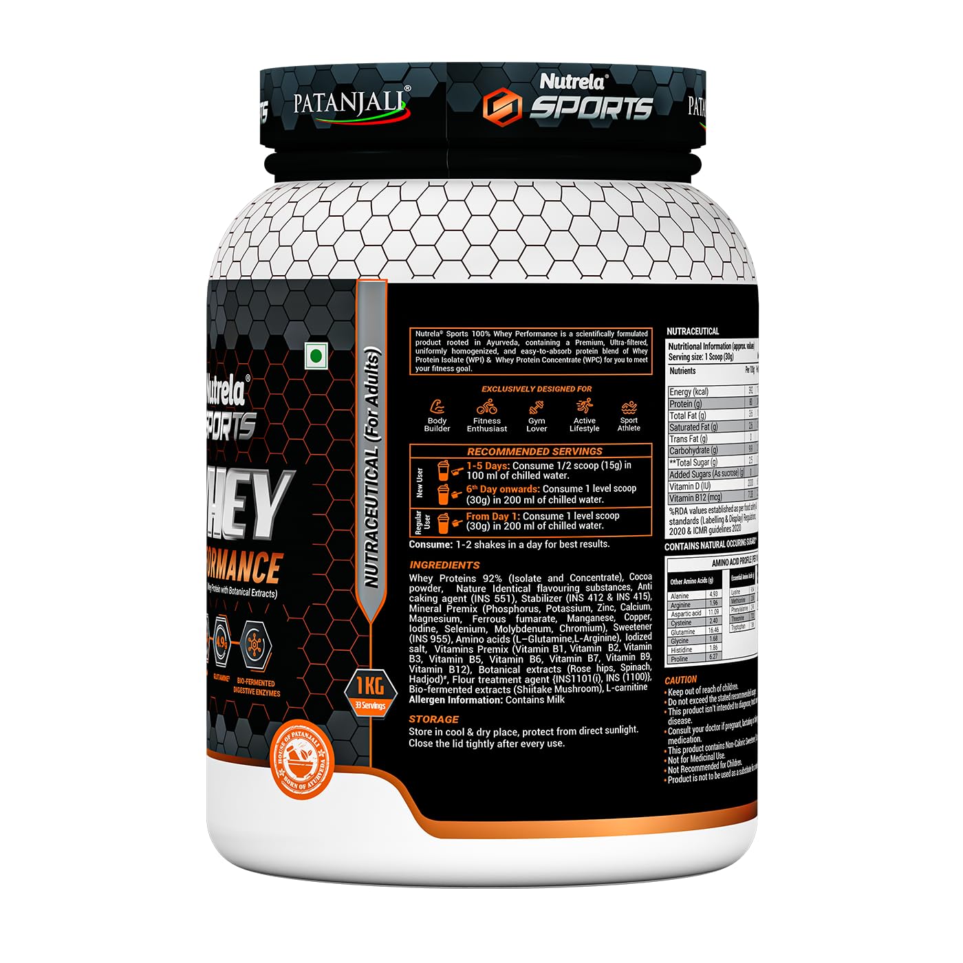 NUTRELA Sports Patanjali Whey Protein 1kg | Concentrate + Isolate | 24g Protein Per Scoop | 6.7g BCAA, 4.9g Glutamine with Digestive Enzymes for quick absorption & easy digestion | Muscle - Building & Recovery | 100% Vegetarian | Irish Chocolate — Amazon image 8