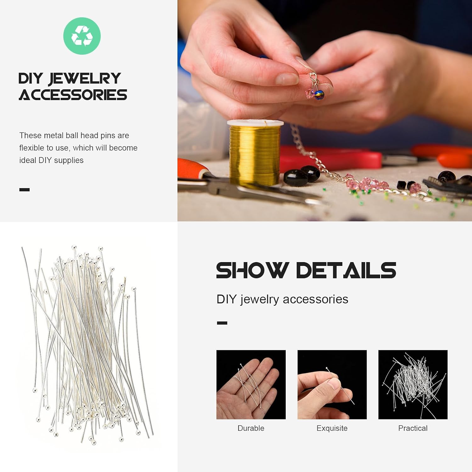 ABOOFAN 200pcs DIY Jewelry Making Pins Round Head Metal Headpins Silver 0.7mm Thick Copper Pins for Handmade Earrings Beads Craft Supplies
