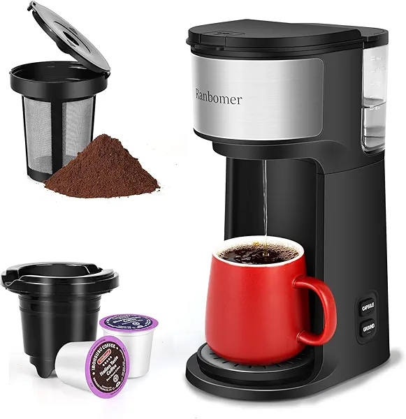 Ranbomer K Cup Coffee Maker, Single Serve coffee machine or Ground Coffee Machine 2 in 1, 6 to 14 Oz Brew Sizes, Mini One Cup Coffee Maker with Self cleaning Function, Fits Travel Mug (Black)