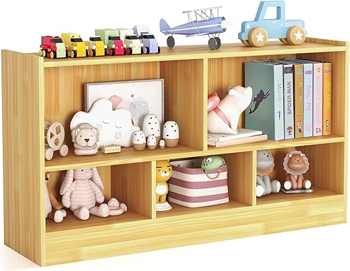 KOTEK Organizador de almacenamiento de juguetes, estantería infantil de 5 cubos, estantería de madera de 3 niveles, estante abierto para guardería,