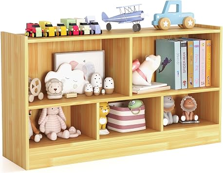 KOTEK Toy Storage Organizer, 5 Cubby Kids Bookshelf, Wooden 3-Tier Bookcase Storage Cabinet, Open Display Book Shelf for Daycare, Nursery, School Classroom, Playroom & Living Room Burlywood, 5 Cubes