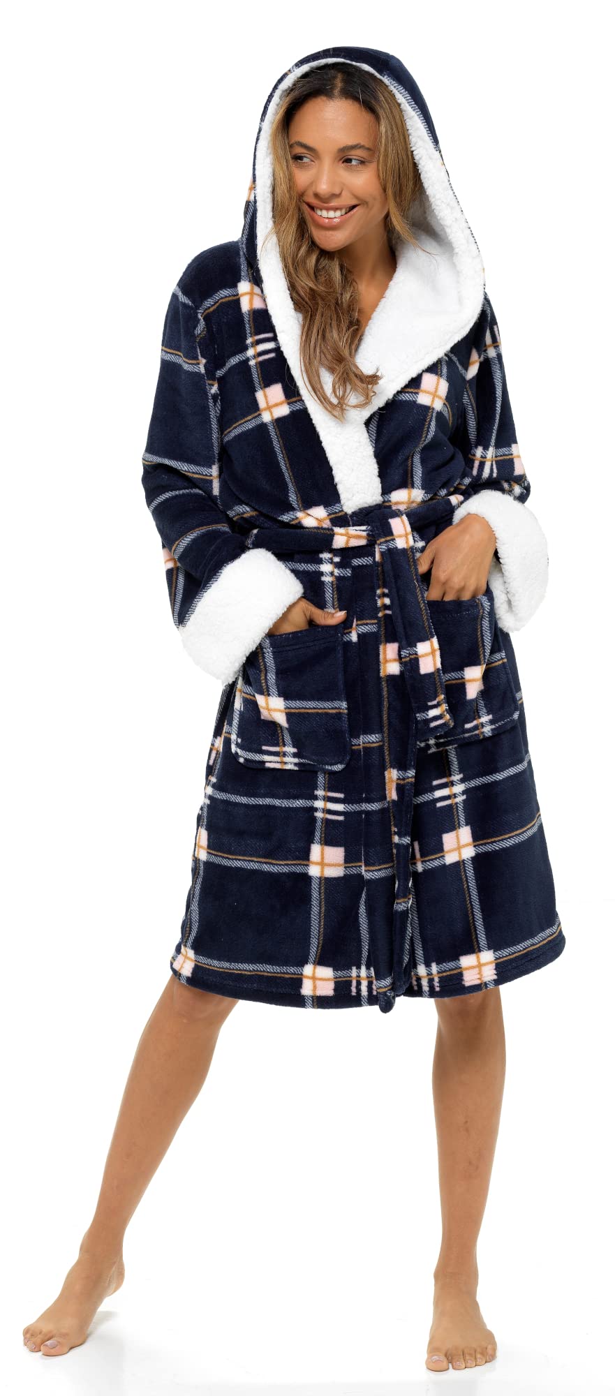 Lora Dora Ladies Dressing Gown Womens Luxury Tartan Check Robe Navy Large UK 16-18