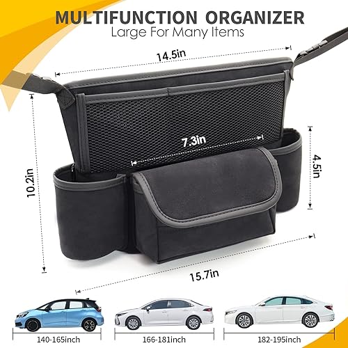 Miniatura 8 de Bolsa de almacenamiento de coche negra entre asientos, bolsa de almacenamiento de coche de gamuza de gran capacidad, 7 compartimentos, teléfono,