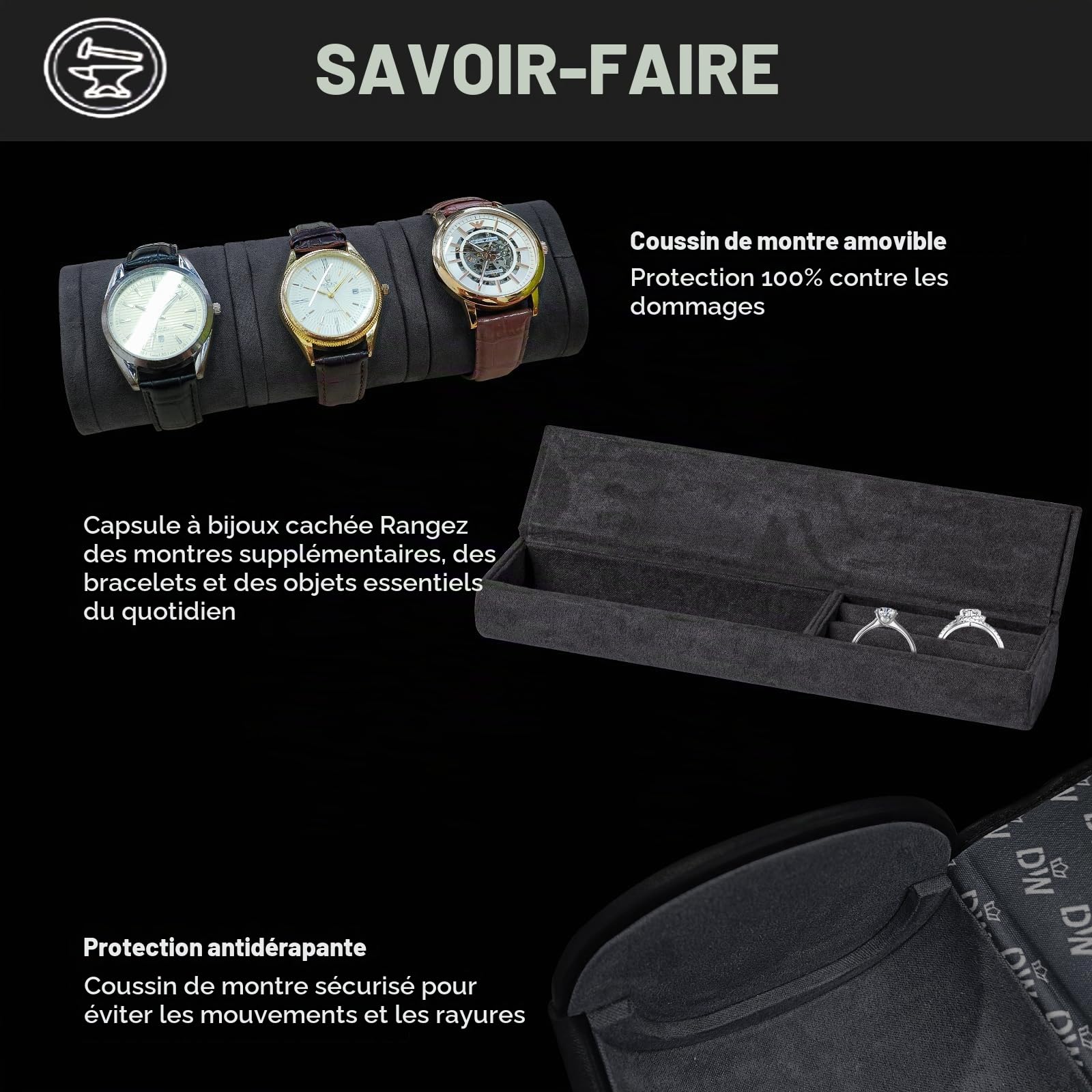 XTELARY Rouleau de montre pour 3 montres - Étui de voyage avec coussin amovible pour homme et femme - Vitrine en cuir pour collection de montres et cadeau d'anniversaire - Noir