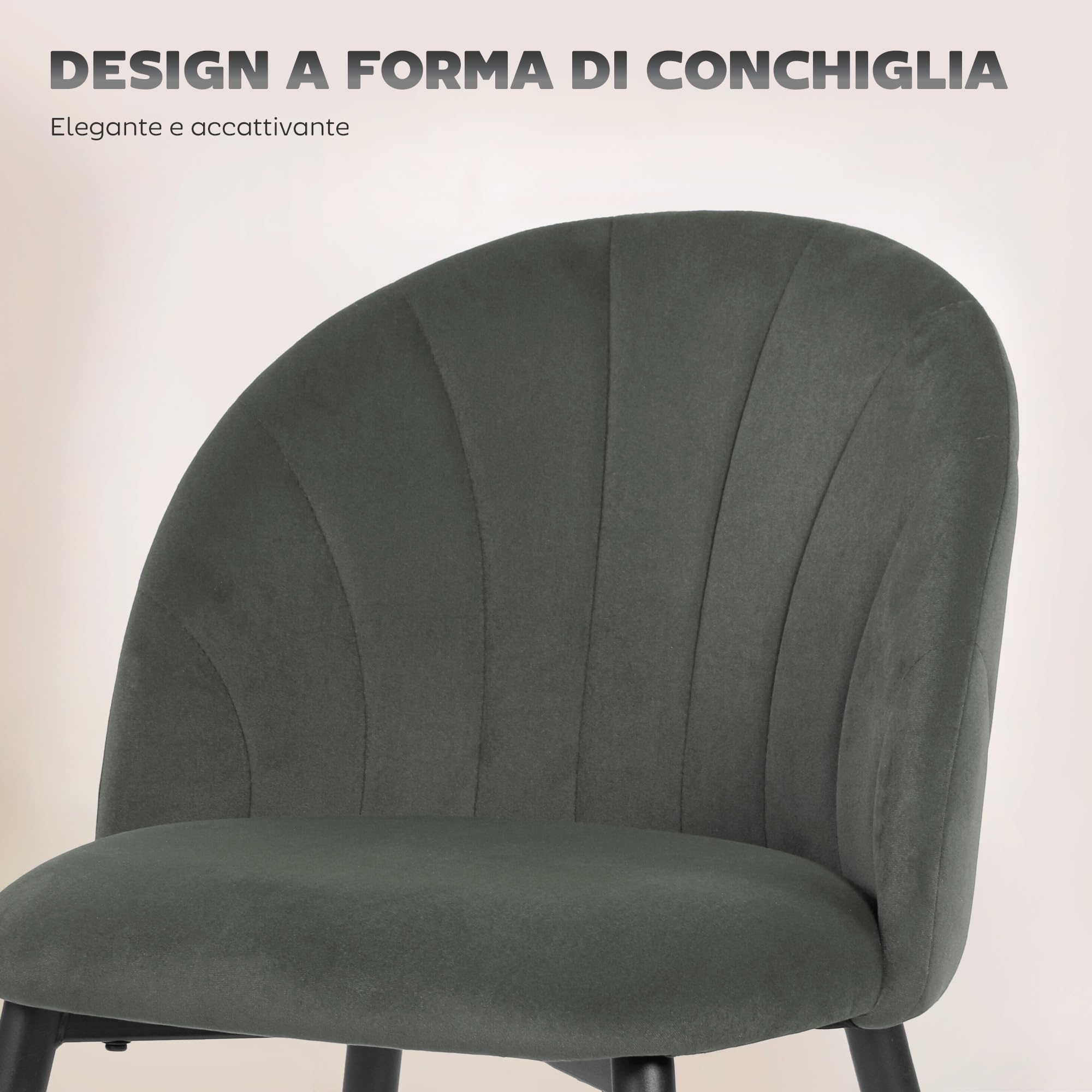 HOMCOM Set di 2 Sedie Sala da Pranzo in Velluto, Sedie Cucina con Schienale Curvo a Conchiglia, Gambe in Acciaio, Stile Nordico, Sedia Imbottita per Cucina, Camera da Letto, Soggiorno, Grigio
