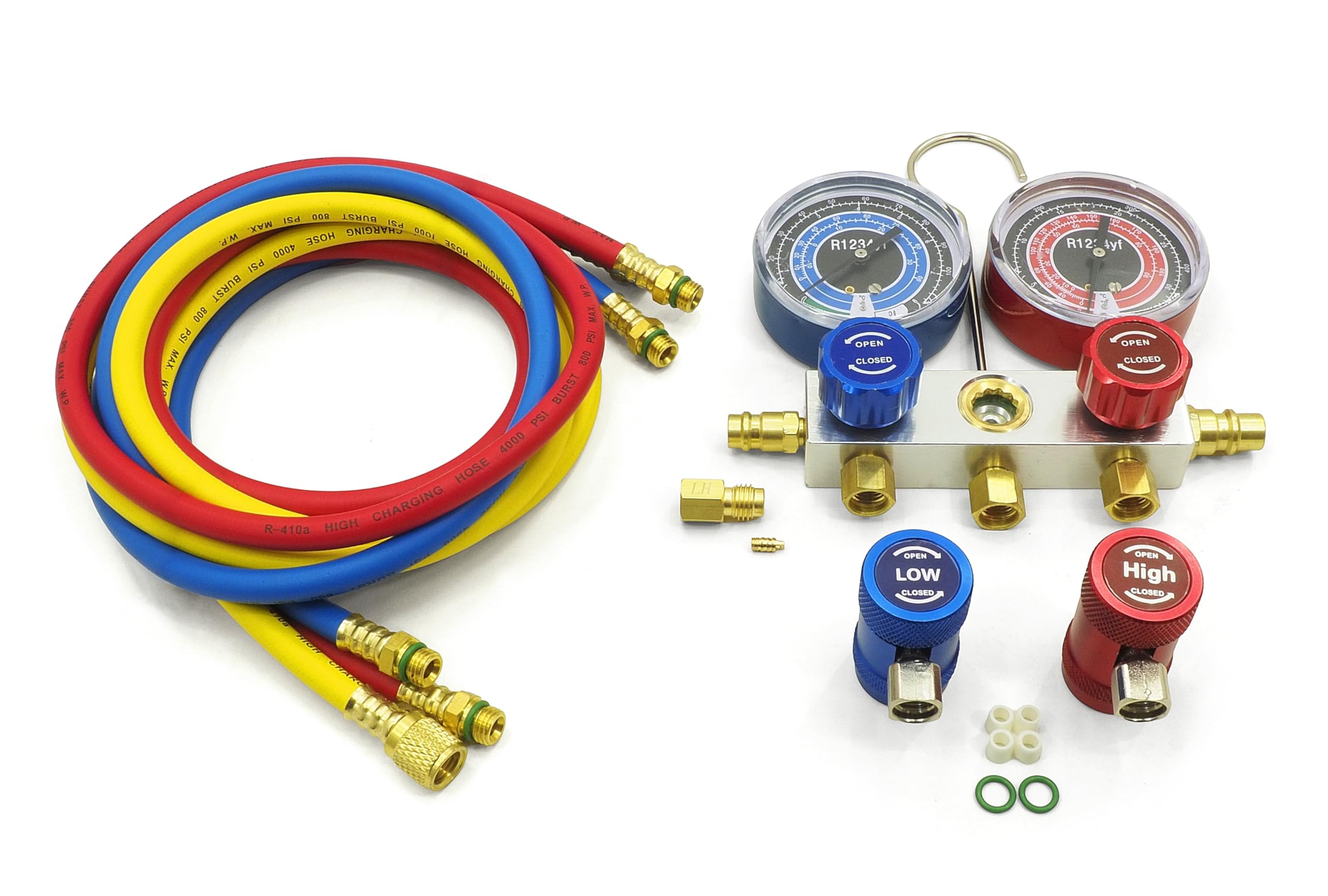 R1234YF Kältemittel Nachfüllset Klimaanlage Befüllen Set Auto - Klimaservicegerät mit Manometern, 3 Schläuchen 140cm und Schnellkupplungen