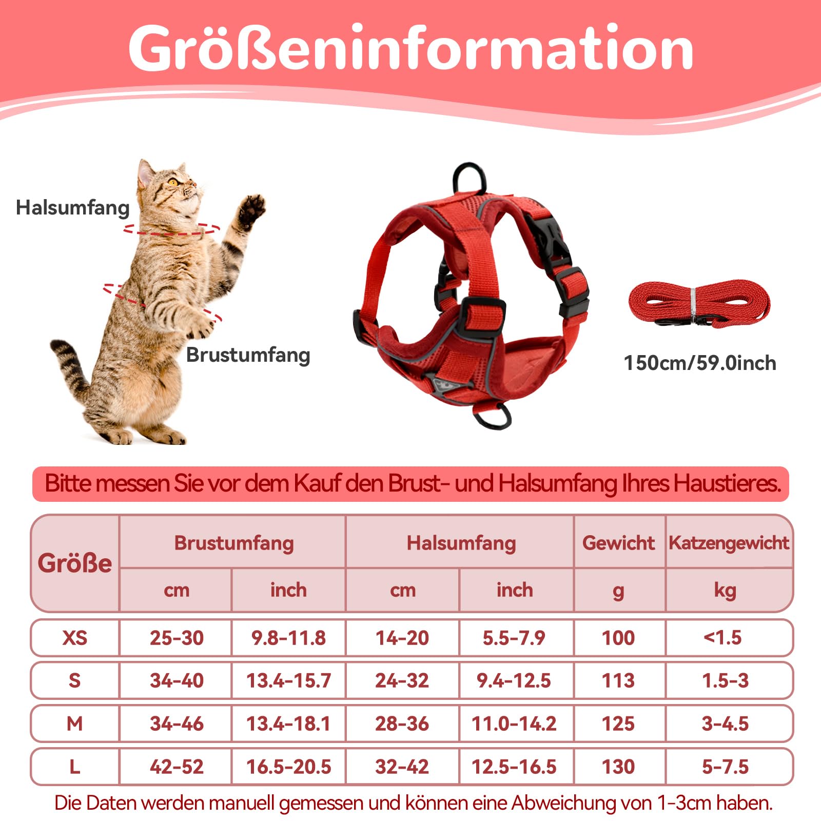 Arnés Ajustable para Gatos a Prueba de Fugas, arnés para Gatos con Correa, arnés Suave para Gatos, Gatitos, Perros, Cachorros (Rojo-M) — view 2
