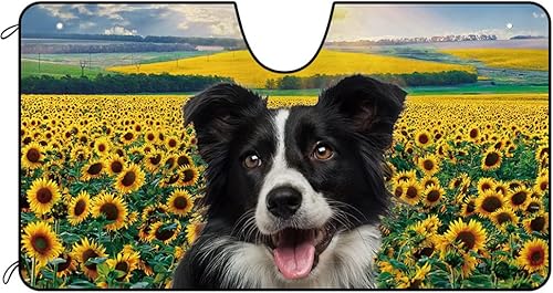 Parasol para parabrisas de automóvil para perro, diseño de girasoles con diseño de Border Collie, protector solar y reflector de rayos UV, mantiene