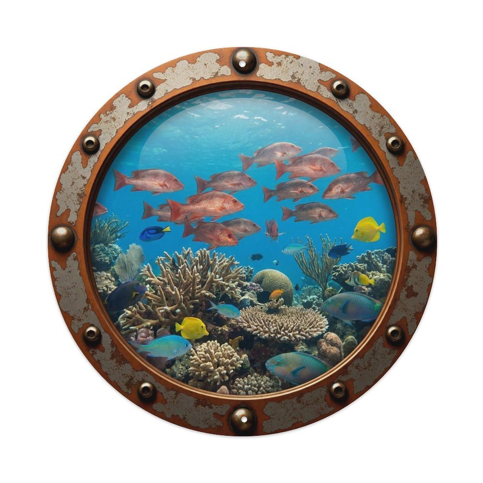Gead 8X8inch Style Vintage Porthole Snapper Fish Nautical Window View Metal Tin Sign