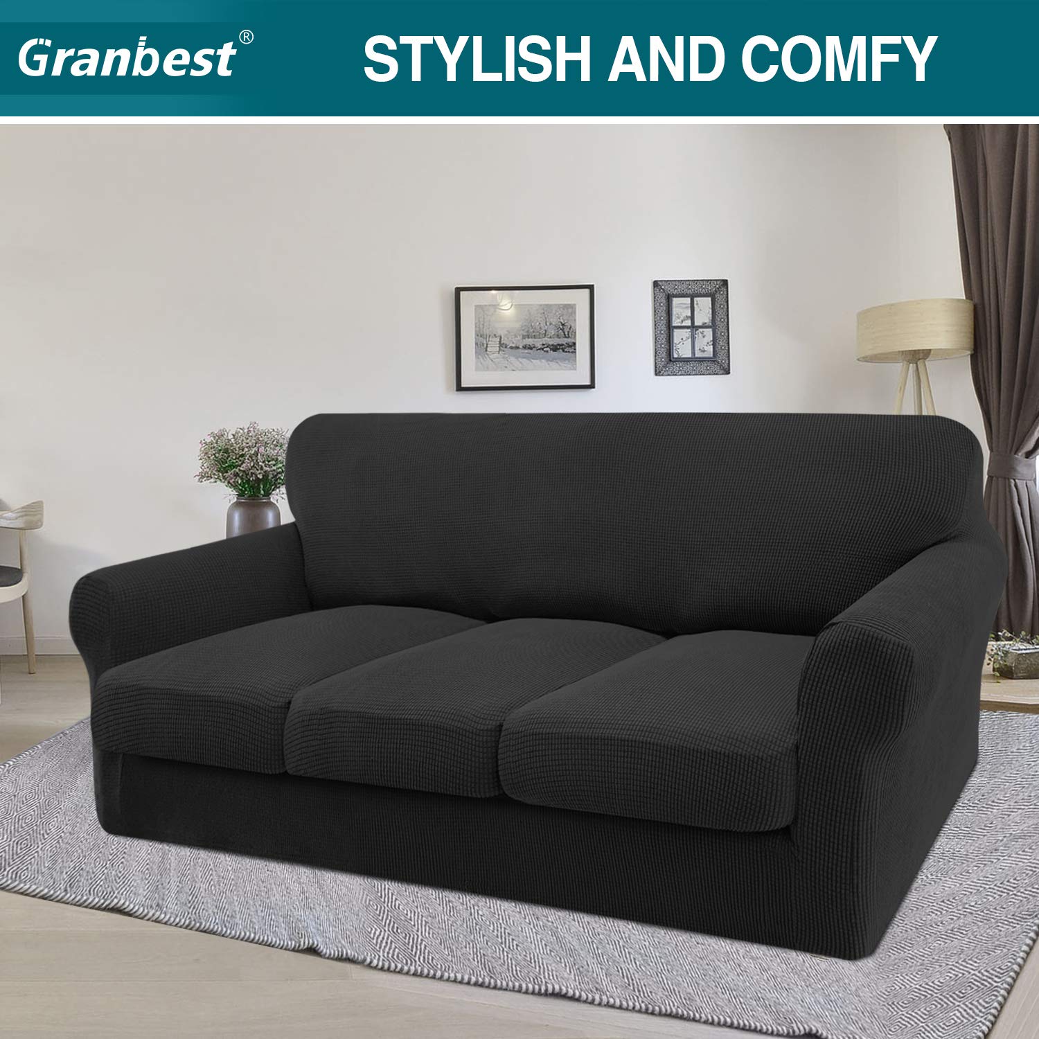 Granbest High Stretch Sofa Seat Cushion Cover Super Soft Couch Seat Cover Sofa Cushion Protector Jacquard Spandex Fabric with Elastic Bottom(3-Piece 3 seater - Image 2
