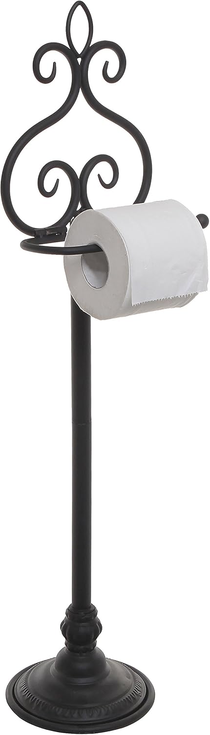 MyGift Free Standing Toilet Paper Holder Black Metal Scrollwork Design Bathroom Tissue Paper Stand - Single Roll Storage Rack