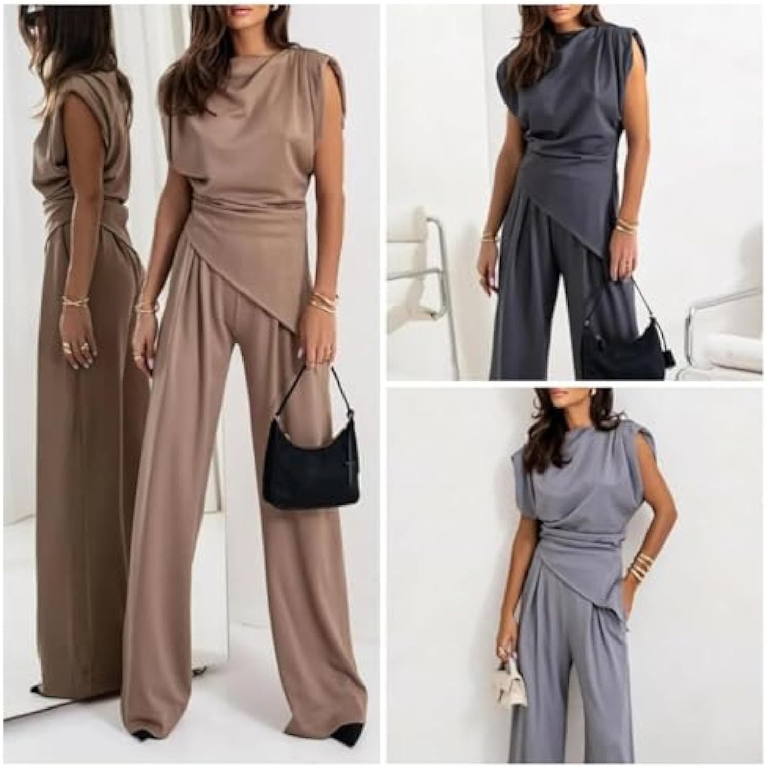 Costume décontracté à col rond et manches plissées pour femme, couleur unie, col ras du cou irrégulier, pantalon large avec poche