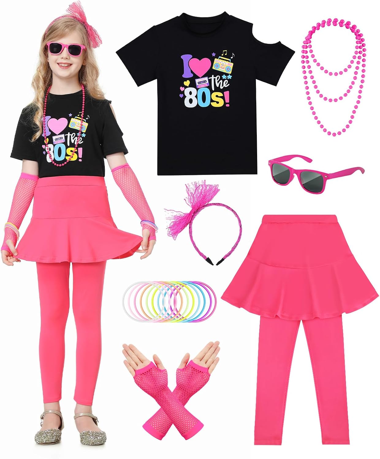 (Size 4-5Y) 80s Outfits for Girls Kids, 80s Costumes for Girls' T-Shirt Leggings with Skirt, for Cosplay 1980s Theme Retro Party Aged 4-5 Pink