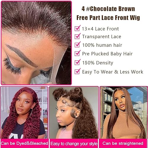 Miniatura 3 de Pelucas de cabello humano con encaje frontal transparente de 13 x 4 pulgadas, color marrón chocolate, pelucas de cabello humano virgen brasileño