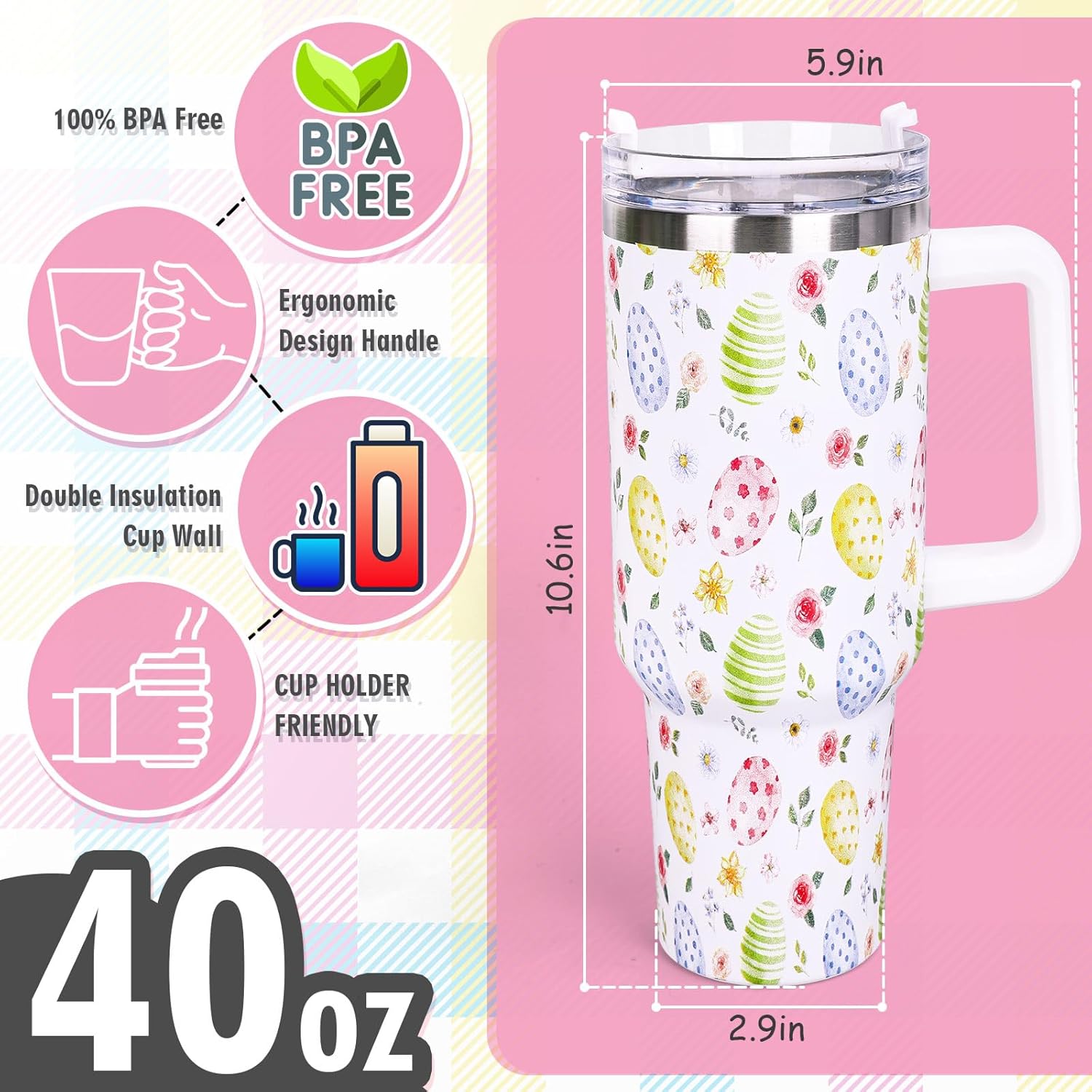 Whaline 40oz Easter Tumbler with Handle Straw and Lid Watercolor Egg Floral Travel Tumbler Spring Flower Coffee Cup for Holiday Birthday Party Favors - Image 2