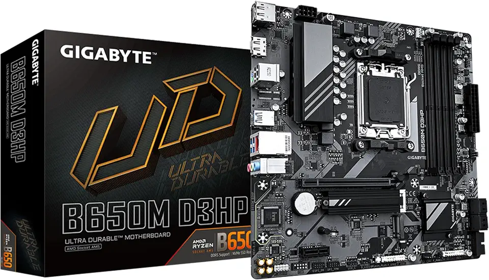 GIGABYTE B650M D3HP (AM5/ LGA 1718/ AMD/B650/ Micro ATX/Garantia de 5 anos/DDR5/2X PCIe 4.0 M.2/PCIe 4.0/USB 3.2 Gen2 Tipo-C/2.5GbE LAN/Placa-mãe)