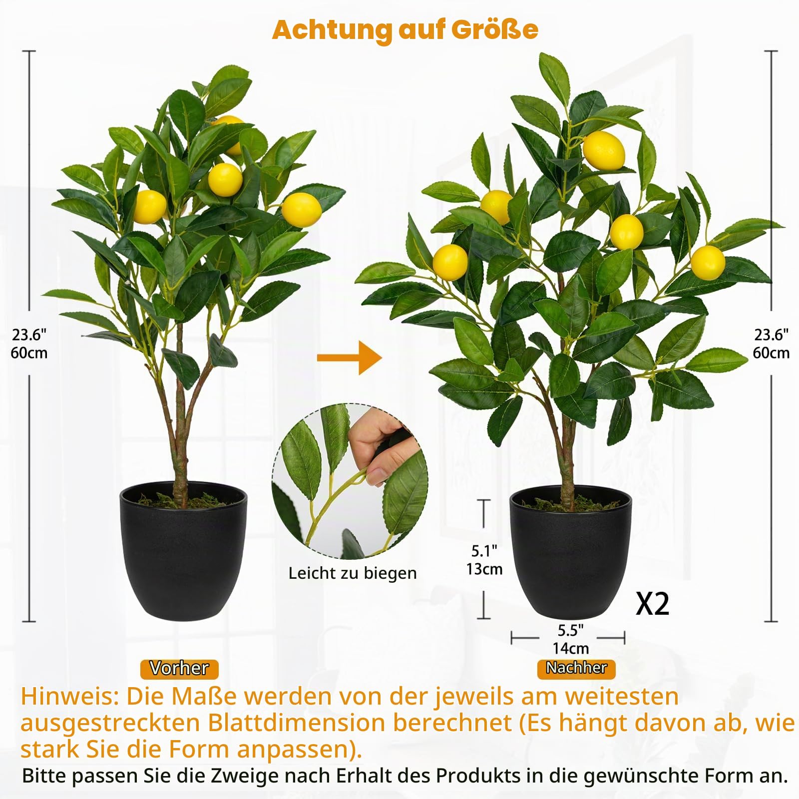 Hollyone 2 Stück Künstliche Pflanze Deko Zitronenbaum, 60cm Plastik Pflanze im Topf Schwarz, Zimmerpflanzen Künstlich mit Zitronenzweig und Zitrone Früchte für Home Decor Wohnzimmer Küche Büro