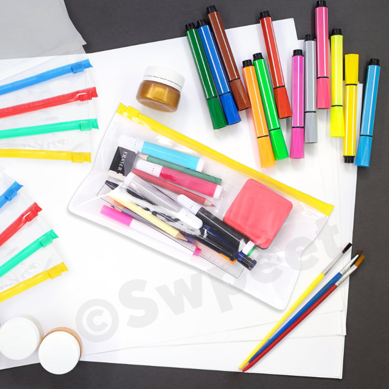 Swpeet 30pcs 5 colores 9.1 x 4.7 pulgadas sobres de plástico cremallera poli con kit de, archivos carpetas de Bolsas de lápiz transparentes reutilizables Ideales para suministros de almacenamiento