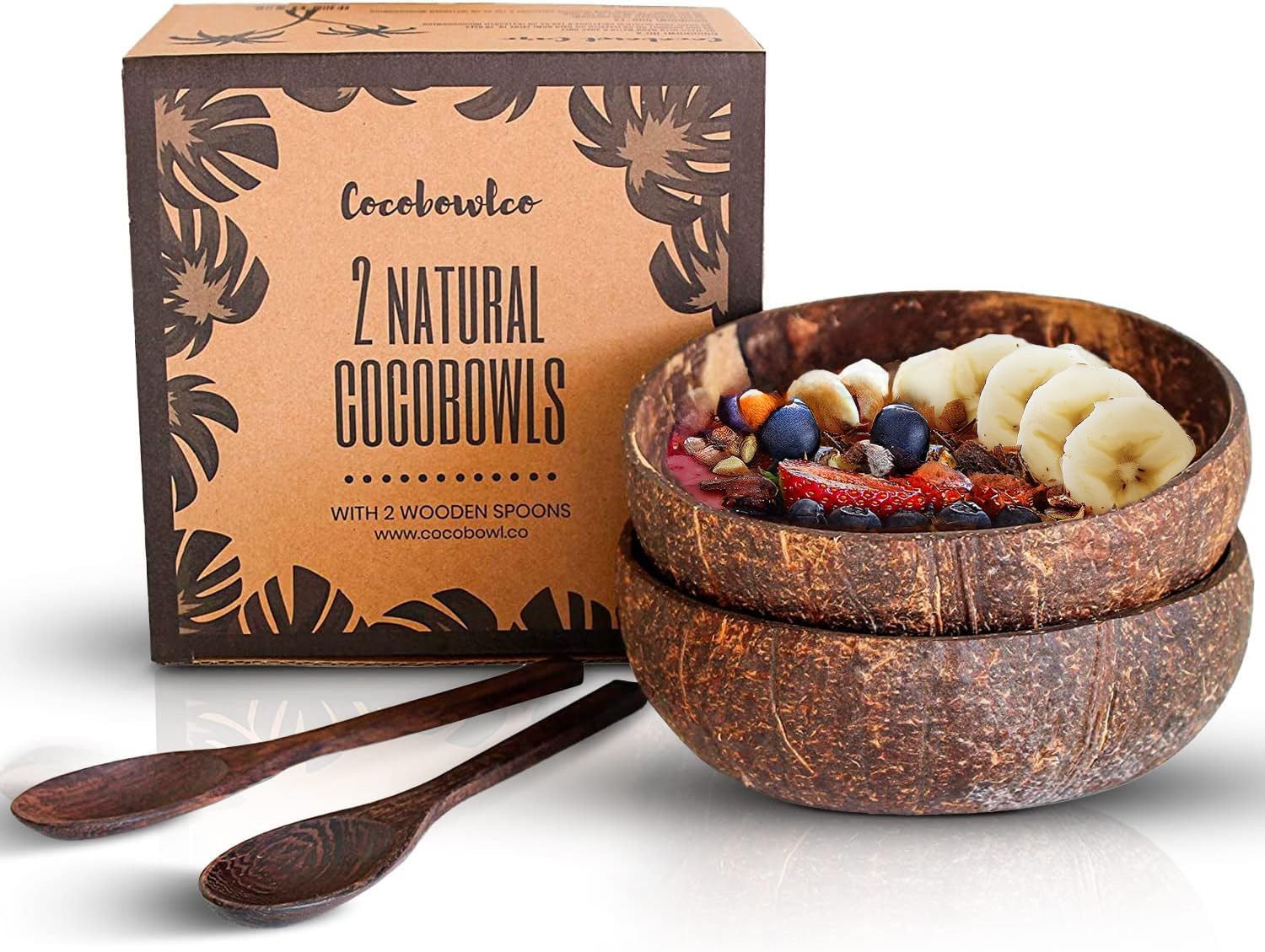 Coconut Bowl Set with Wooden Spoons –White Elephant Gifts For Adults, Christmas Gifts. Eco-Friendly Acai Bowls, Yogurt Bowls & Smoothie Bowl – Ideal for Ninja Creami (2, Natural)