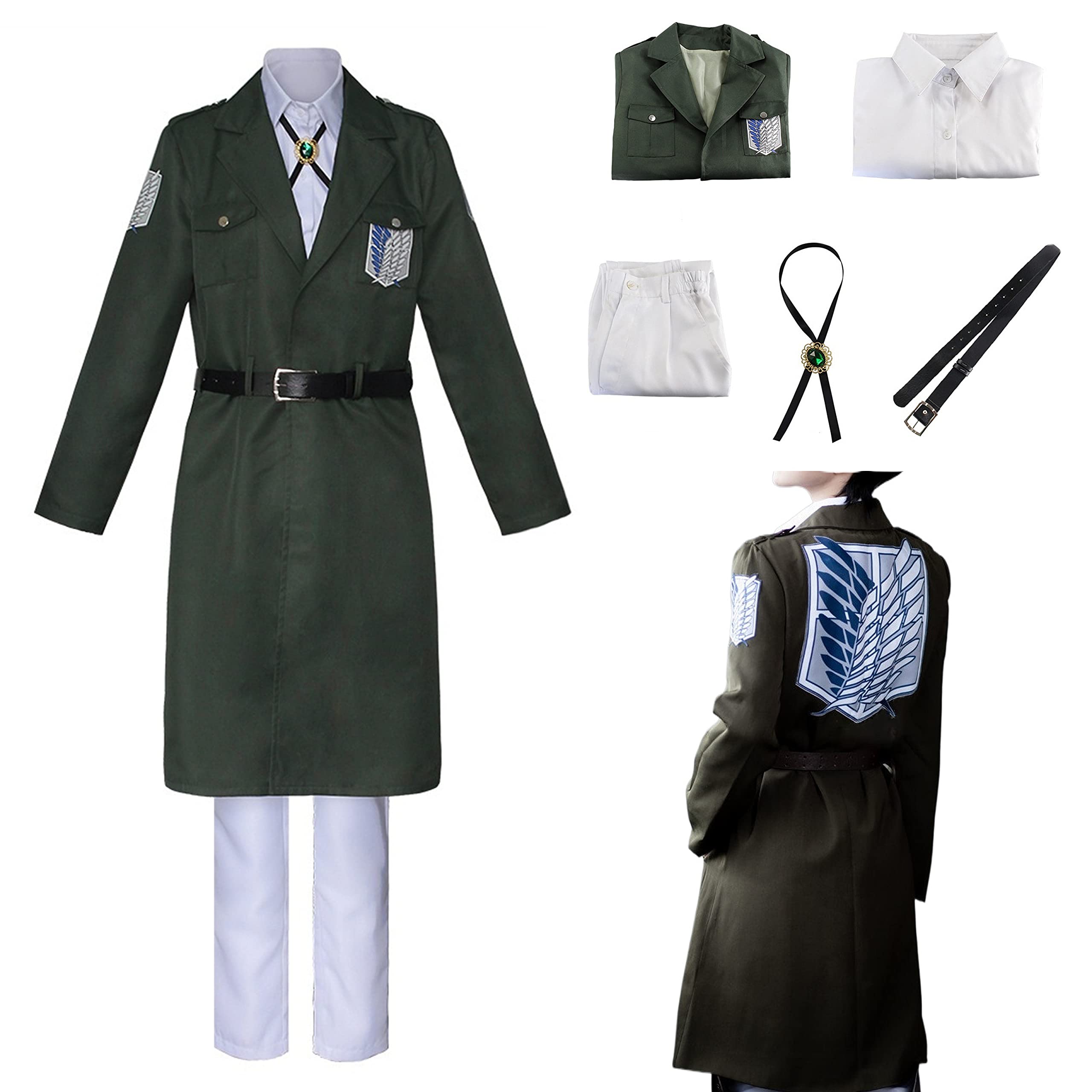 kasahara 5Pcs AOT Cosplay Costume Set, Survey Corps Uniform Soldier Coat Green Long Trench Pants Shi