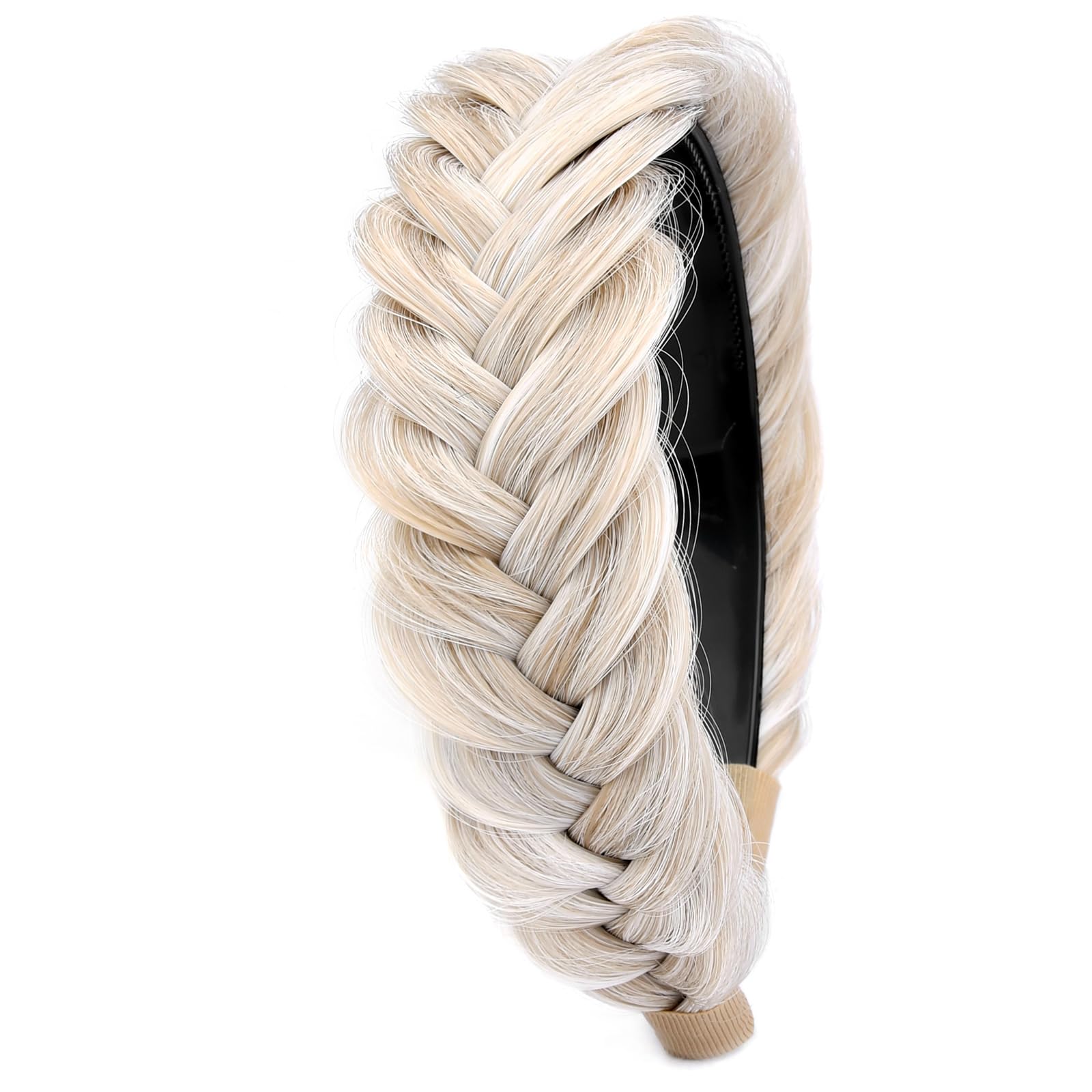 GLEDOLA Wide Messy Braided Headband with Teeth Synthetic Hair Plaited Headband High Elasticity Braids Chunky Fishtail Braided Hair Band Hairpiece for Girls Women (White Blonde)