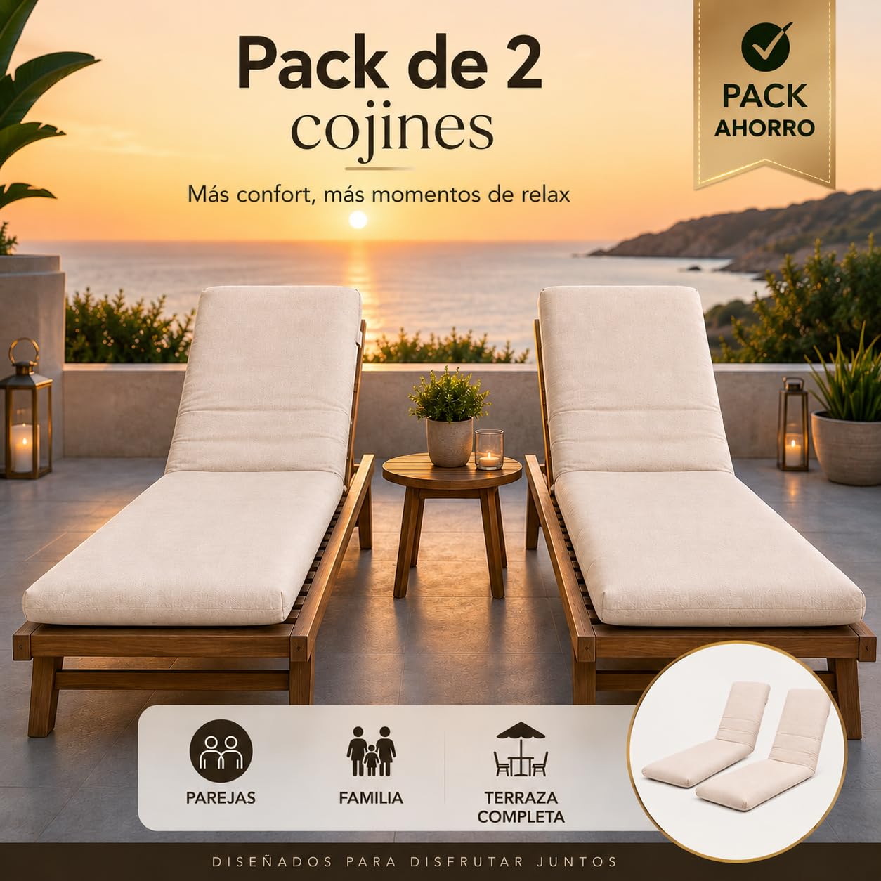 TIENDA EURASIA - Cojin Tumbona Exterior | Pack 2 Colchonetas | Medida 180 x 50 x 6 cm | Funda de Loneta con Cremallera Lavable | Relleno de Fibra Hueca Acolchada (Crudo)