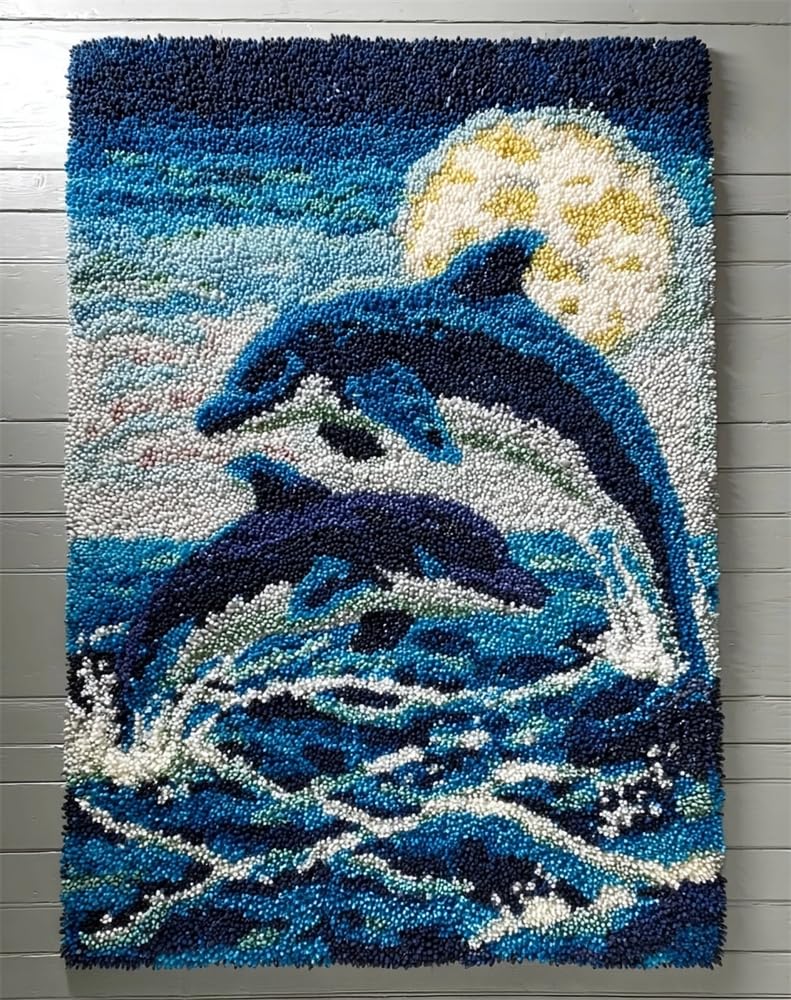 FWRTYCB Latch Hook Kits 20X15Inchdolphin DIY Latch Hook Rug Kit, Cross Stitch Rug Making Kit, Carpet Making Crochet Kits Embroidery Kits Needlework Crafts for Home Decor