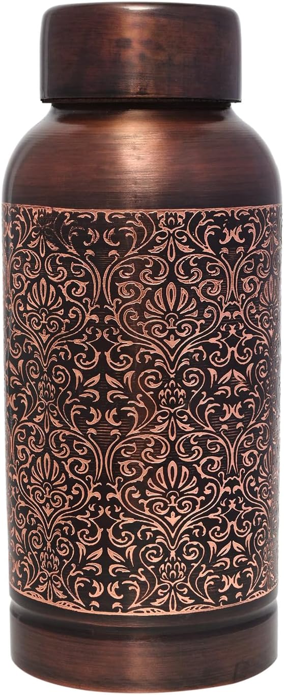 ANCIENT IMPEX Pure Copper Water Bottle – 600 Ml Floral Pattern | Leak-proof Ayurveda Copper Drinking Bottle for Health & Daily Hydration