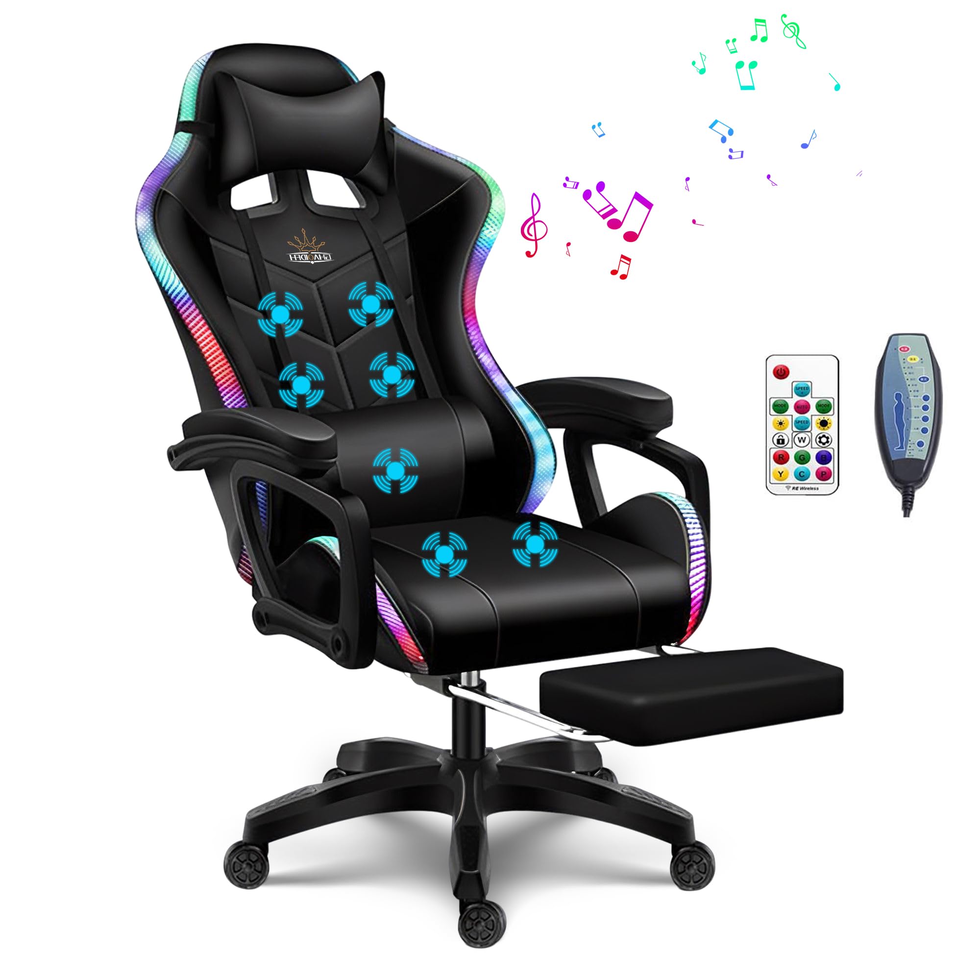 XOOFMASS Ergonomic Massaging Gaming Chair with Speakers and LED Lights PU  Leather Computer Office Chair with Footrest, High Back Video Racing Game