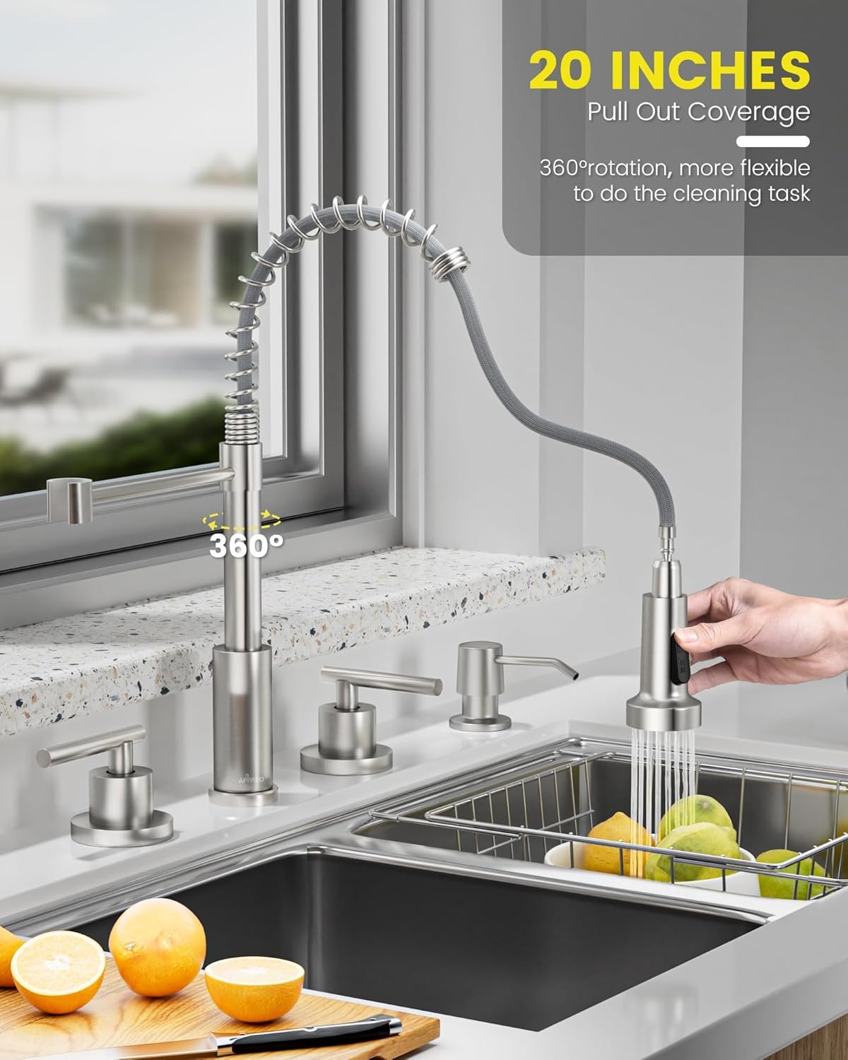 APPASO 4 Hole Kitchen Faucet, 2 Handle Kitchen Faucets with Soap Dispenser, Pull Down Sprayer, 3 or 4 Hole Sink Faucet for Bar, Faucets for Sink, Brushed Nickel - Image 3