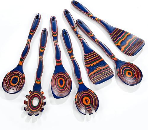 Cucharas de madera para cocinar, juego de 7 utensilios de cocina de madera de Pakkawood incluye espátula, cuchara de esquina, cuchara de espagueti,