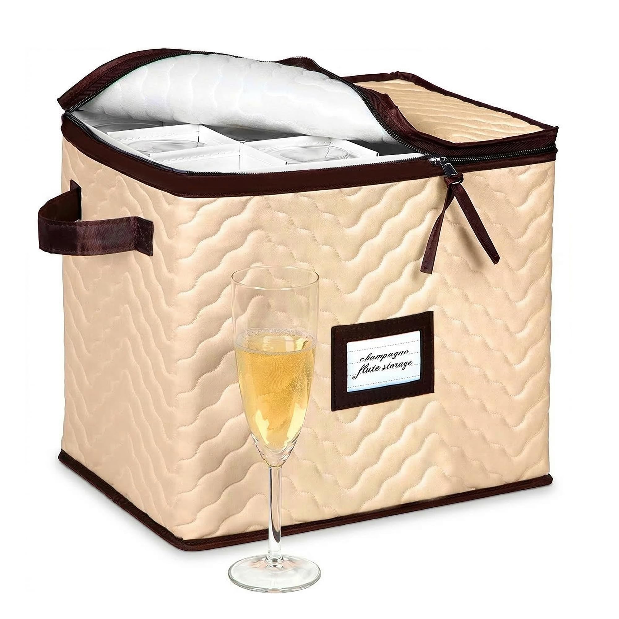 Champagne Flute Storage Box - Organizer Chest Holds 12 Stemware Glasses - Durable Microfiber Container Bin with Dividers and Carry Handles - Protects Flutes, Crystal Glass, Wine Glasses and Fine China
