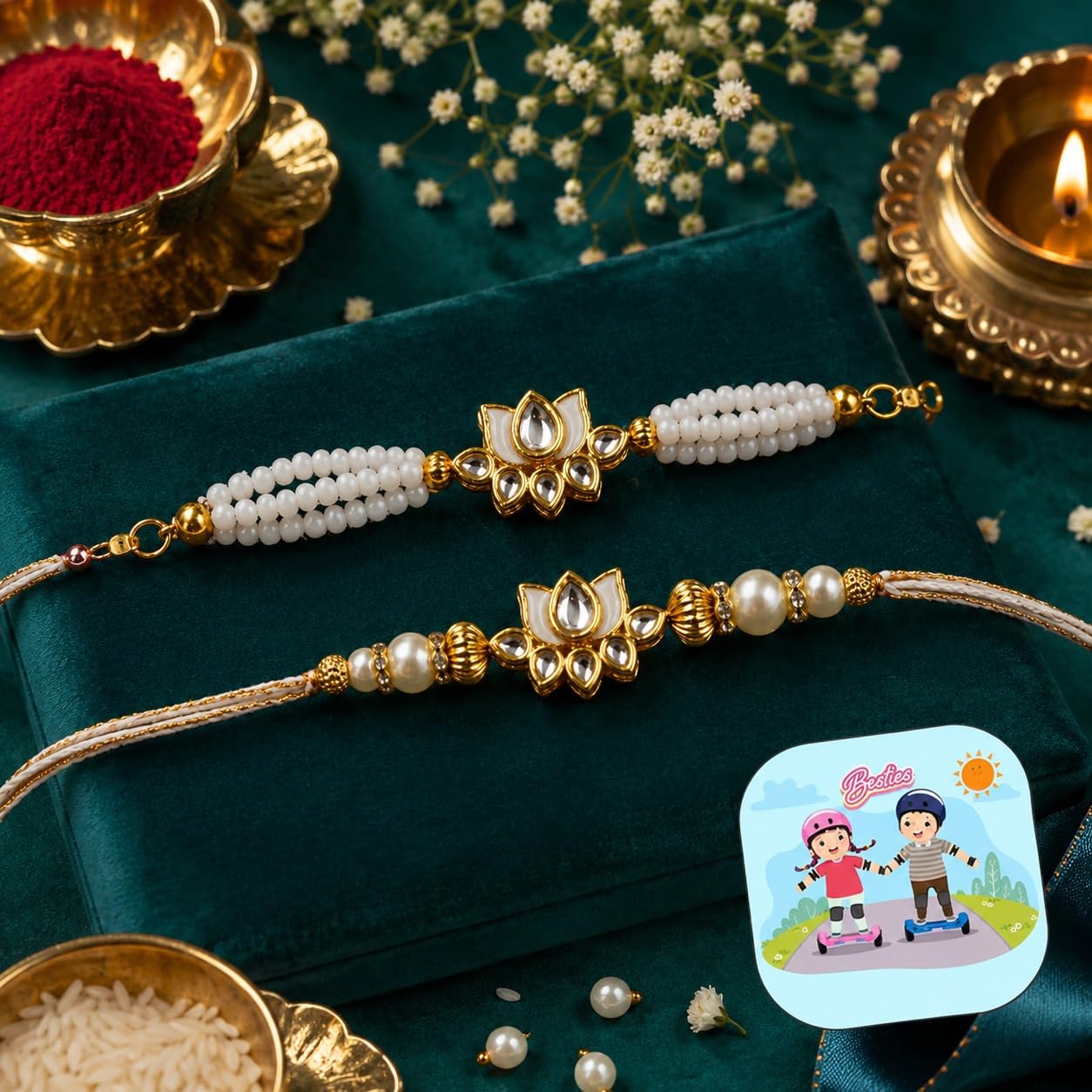 CraftVatika Rakhi Set for Brother and Bhabhi with Gift, Premium Designer Rakhis for Rakshabandhan, Stylish Lumba Rakhi for Bhabhi, Premium Lotus Raki with Best Wishes Card and Tillak Set-picture-49