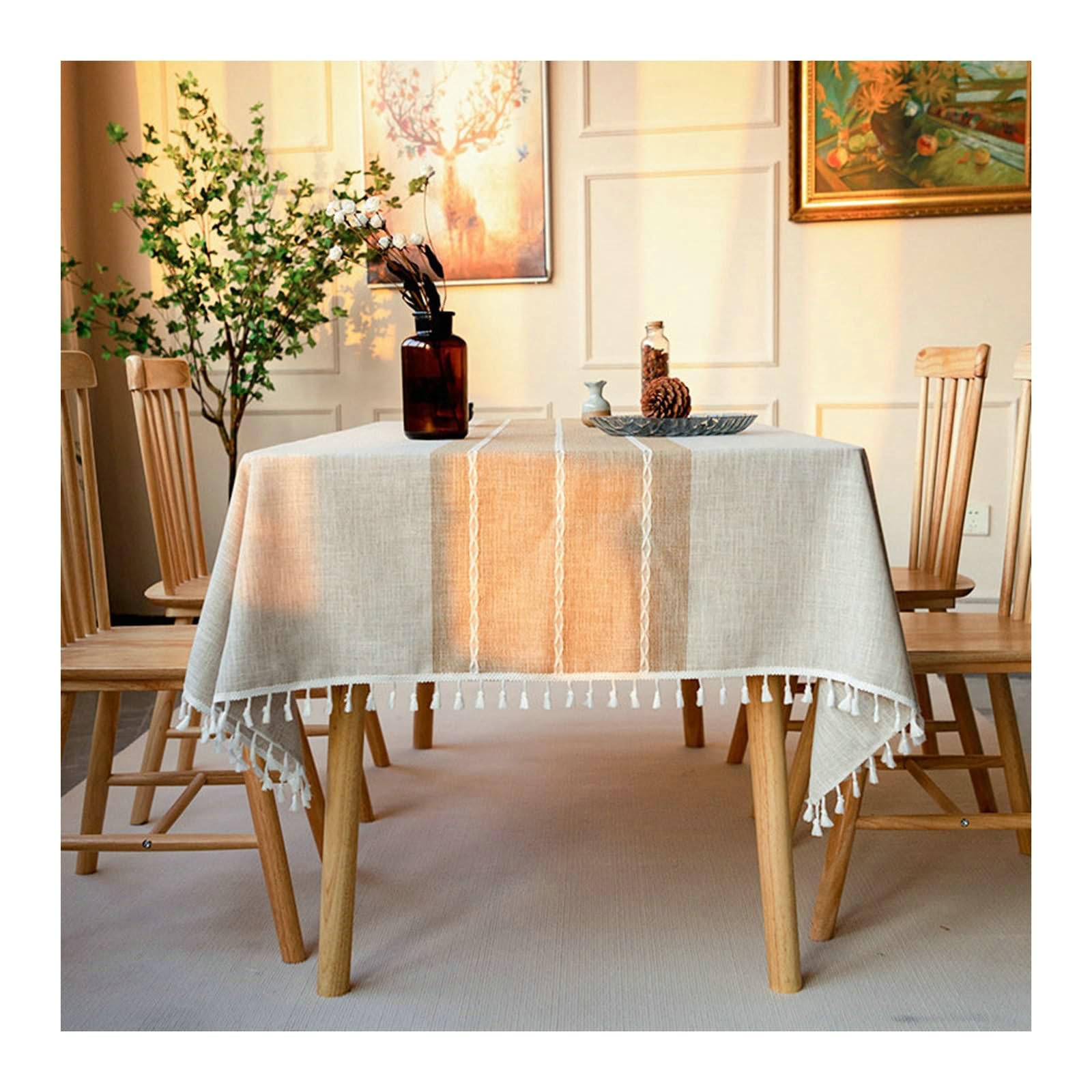 Gualiy Mantel Salon Rectangular, Poliéster Manteles de Mesa de Tela 140x300CM Manteles Lavables Impermeables Rayas con Borlas Manteles para Mesa de Cocina, Café