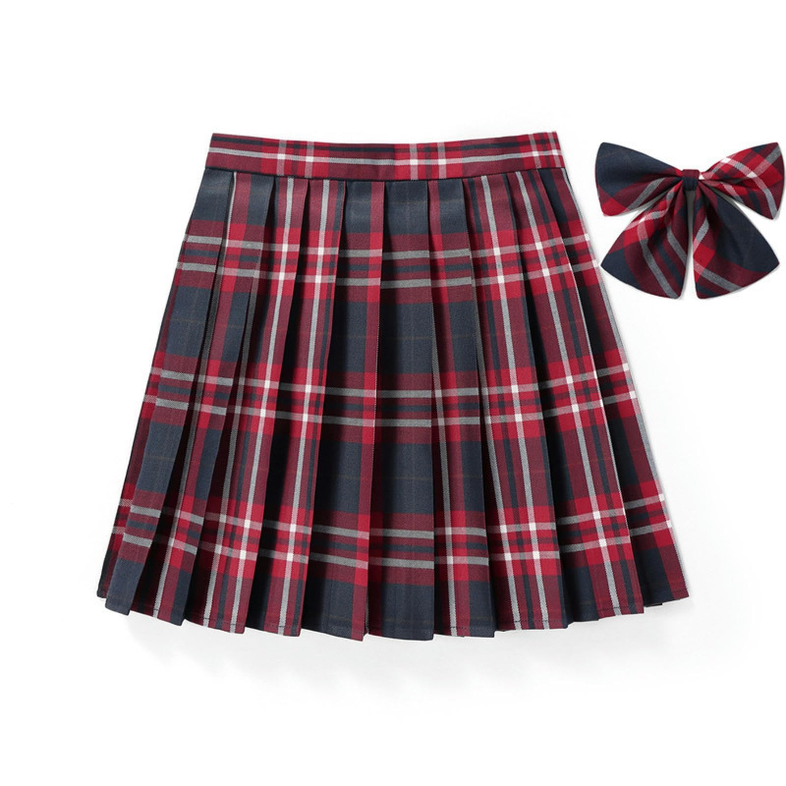 Generic Falda a Cuadros Uniforme Escolar Uniforme de Clase Rendimiento Falda Plisada Falda de Media Longitud para Estudiantes Chica Suave - Falda Roja + Pajarita - XL (Cintura 78 CM)